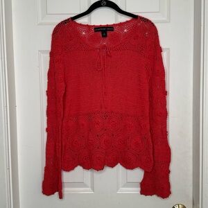 Vintage Josephine Chaus Crotchet Top Boho Floral Bell Sleeve Red Size Small